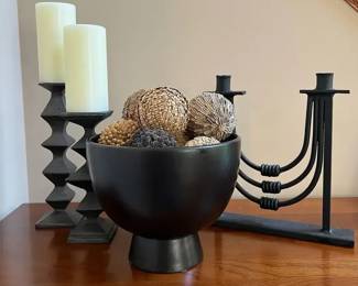 Brutalist Metal Candle Holders 3 and Wood Pedestal Bowl wNatural Decorative Orbs