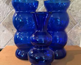 Vintage Cobalt Blue Glass Vase Lot, Bubble Vases 3 Pcs