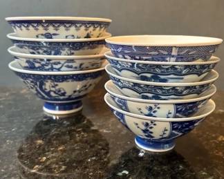 Vintage Porcelain Footed Rice Bowls 9 Blue White Mixed Patterns