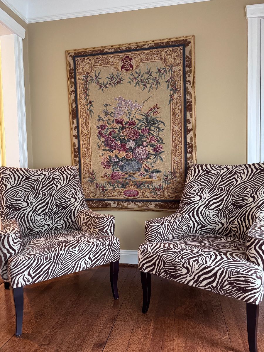 Framed wall tapestry, Zebra print armchairs
