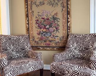 Framed wall tapestry, Zebra print armchairs