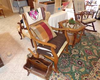 Vintage rockers, end table oriental rug, walnut magazine rack