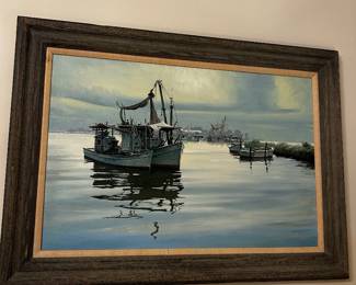Beautiful oil of shrimp boats in blue tones by LA artist Hendricks