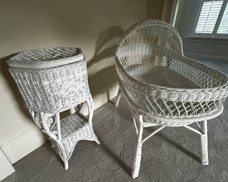 Adorable wicker baby crib, wicker sewing table