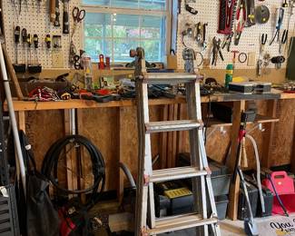 tools, articulating ladder, clock, power tools