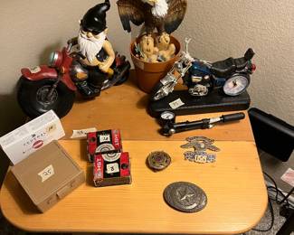 9mm ammo, motorcycle clock, Harley Davidson shock pump