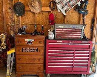 tool chest, tool box, step ladder, nail gun