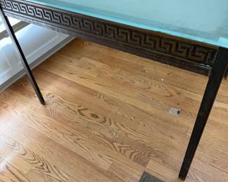 Antique Bronze Table with Greek Key and Acid Etched Glass Top