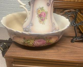 Antique Victorian Wash Basin and Pitcher Set (dated 1919 on bottom)