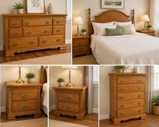 Bassett Vaughan Solid Oak Queen Bedroom Set – Complete Suite | Dresser • Chest • Nightstands • Headboard • Mattress Boxspring rails 