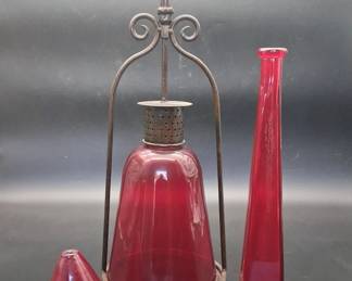 Antique Lantern And Red Glass Decor