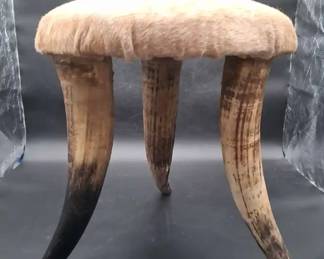 Rustic Genuine Horn Fur 3Leg Accent Stool, Western Lodge Decor