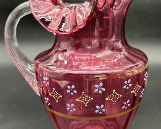 Vintage Fenton Cranberry Glass Pitcher Featuring Hand Painted Design