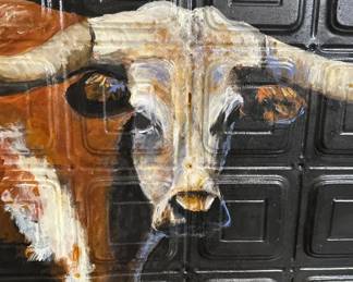 Longhorn Painted Tin Ceiling Tile Signed Original Work