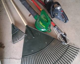 Garden Tool Lot Hedge Trimmer Leaf Blower Pole Pruner And Rakes