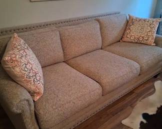 Plush Upholstered Riveted Sofa With Throw Pillows Neutral Brown