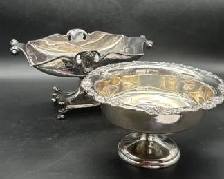 Metal Pedestal Bowl And Etched Serving Tray