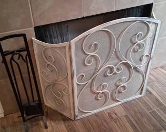 Metal Fireplace Screen and Iron Fire Toolset