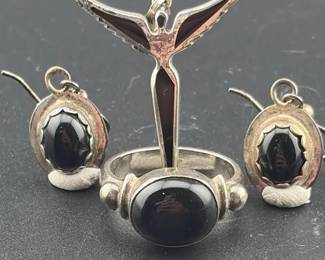 Sterling and Black Ring, Earrings, and Pendant