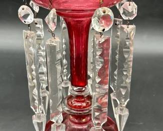 Vintage Cranberry Glass Candelabra Featuring Cut Crystal Drop Prisms