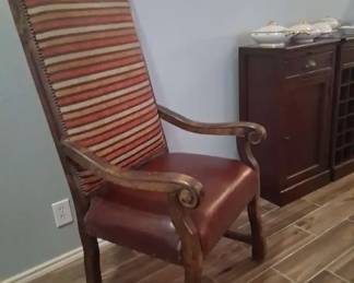 Throne Chair Dark Wood Leather Seat Carved Back