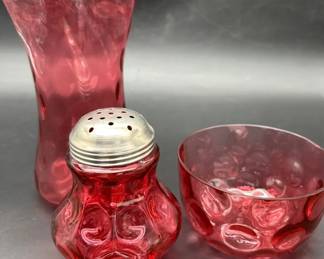 Set Of Vintage Fenton Cranberry Glassware Featuring A Vase, Bowl, And Sugar Shaker