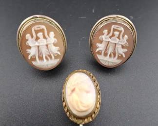 Victorian Style Carved Brooch And Earring Set