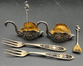 Pair Of 800 Silver Swan Salt Dishes W Scoops Hors Dourve Forks