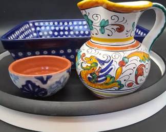 Pottery Polland, Italy Portugal Hand Painted Pitcher, Bowl and Baking Dish