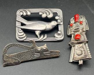 Vintage Sterling Silver Brooch Lot Wells Roadrunner, Kachina Alligator Pins