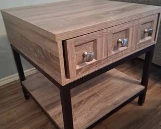 Metal Wood Look End Table w Drawer
