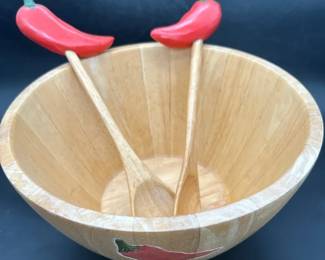 Vintage Clay Art Wooden Chili Pepper Salad Bowl And Utensils
