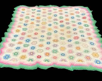 Vintage Kaleidoscope Flower Stitched Quilt Wavy Edge