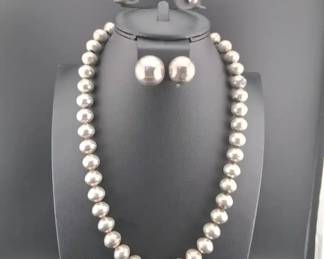 Antique Sterling Hollow Beaded Necklace 19in And 2 Sets Of Earrings