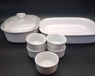 Corning Ware Baking Dish and Ceramic Ridged Ramekin Set