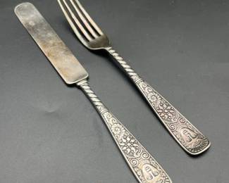 Antique Silverplated Knife Fork Set Assyrian Head 1847 Rogers Bros.
