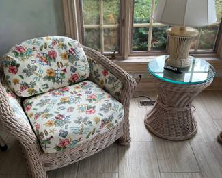 Upholstered wicker and rattan side chair