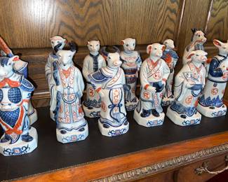 Vintage Chinese blue, white and red porcelain zodiac animal figurines