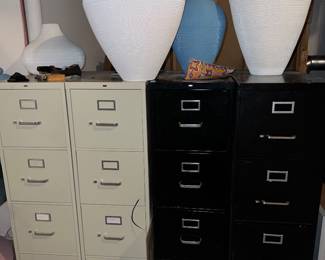 Cream and black 4-drawer filing cabinets (2 of each) and large polyethylene lamp globes