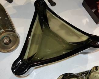 Vintage MCM grey glass triangular ashtray