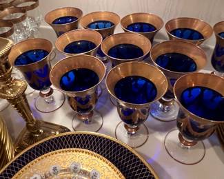 Vintage Italian cobalt blue and gold-gilt stemware goblets