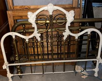 White painted cast iron and brass bed frame