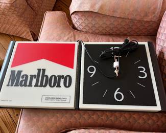 Vintage Philip Morris Marlboro dual-panel advertising wall clock and sign
