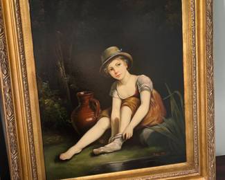 Vintage painting of young child with terracotta jug