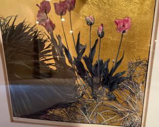 Framed pink and red tulip floral art piece