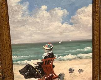 Painting of woman at the beach on a cold day