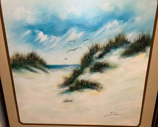 Coastal painting of dunes and seagulls
