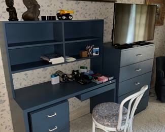 Blue wooden computer desk and hutch set