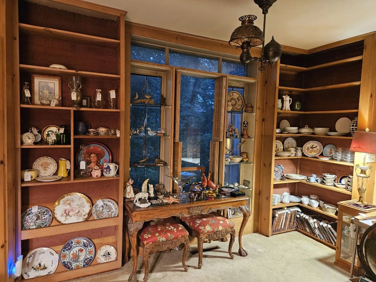 Furniture, lamps, Native American crafts and antique dishware