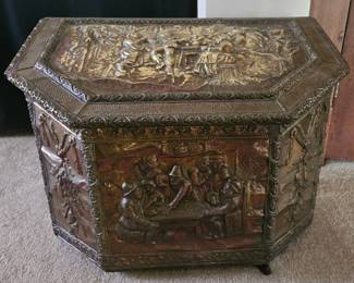 antique embossed brass fireplace log box